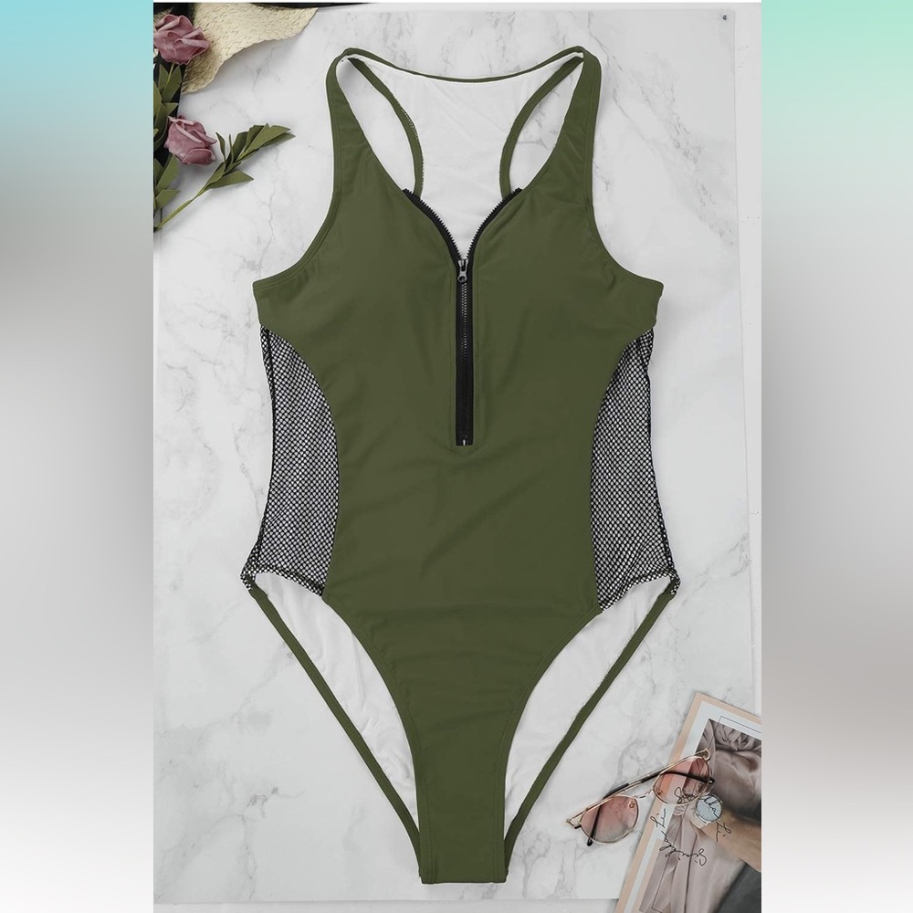 Women's Sexy Hgih Cut Zipper Up V Neck One Piece Monokini Swimwear